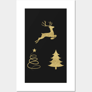 Gold Faux Glitter Christmas Trees and Reindeer Pack Posters and Art